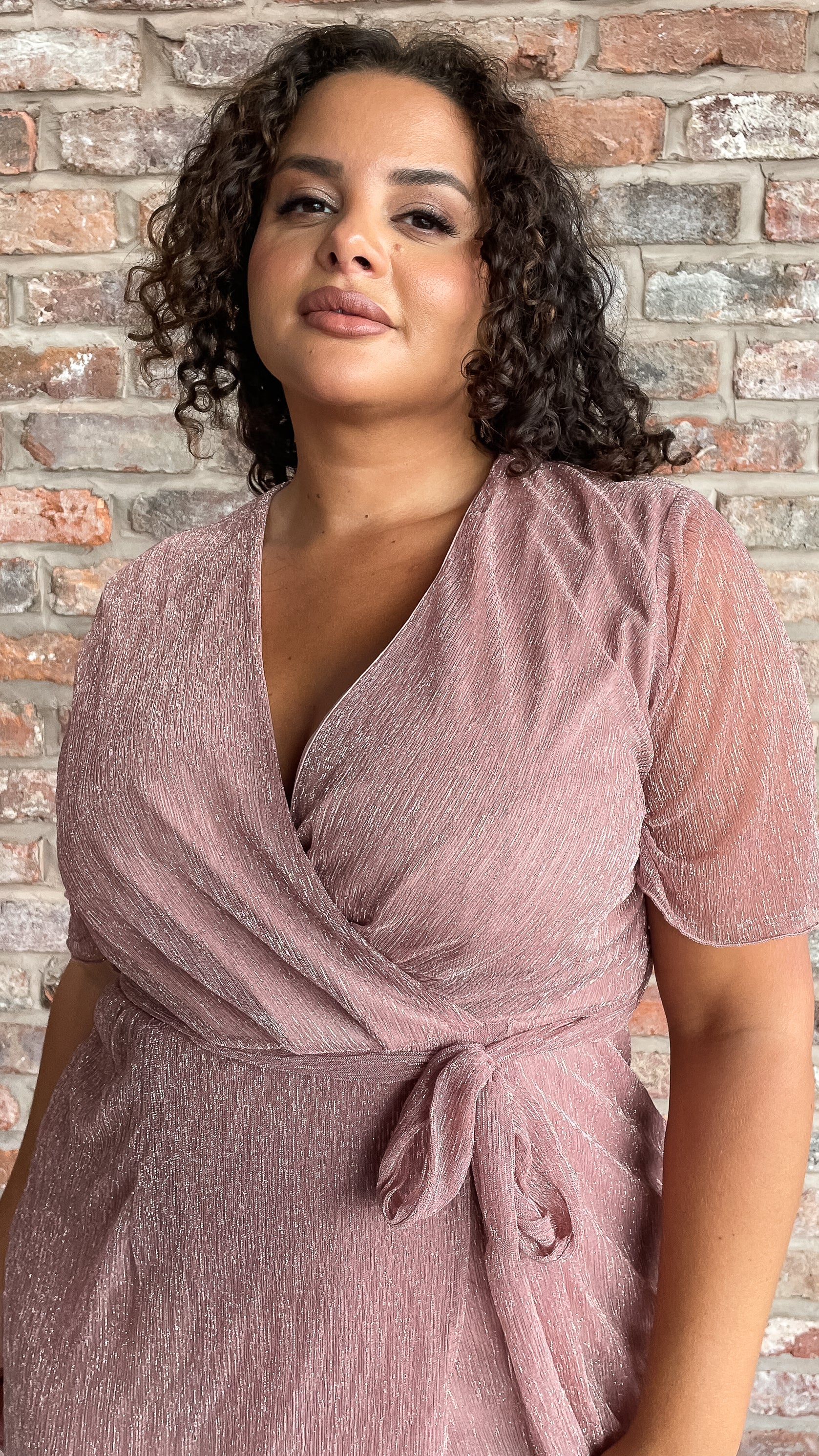 CurveWow Premium Plisse Wrap Midi Dress Blush