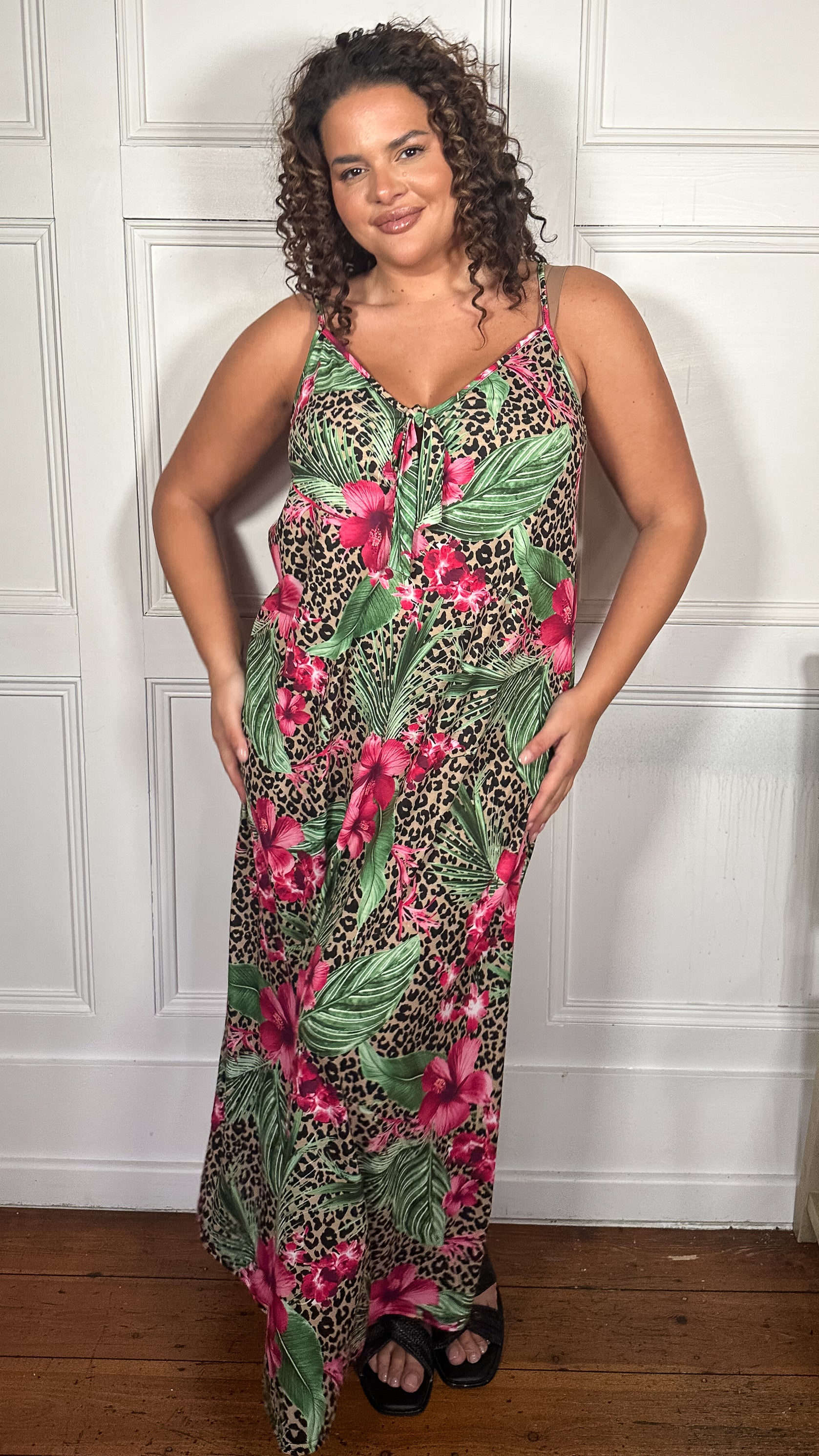 CurveWow Printed Tie Front Maxi Dress Leopard Floral