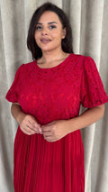 CurveWow Lace Top Pleated Dress Red