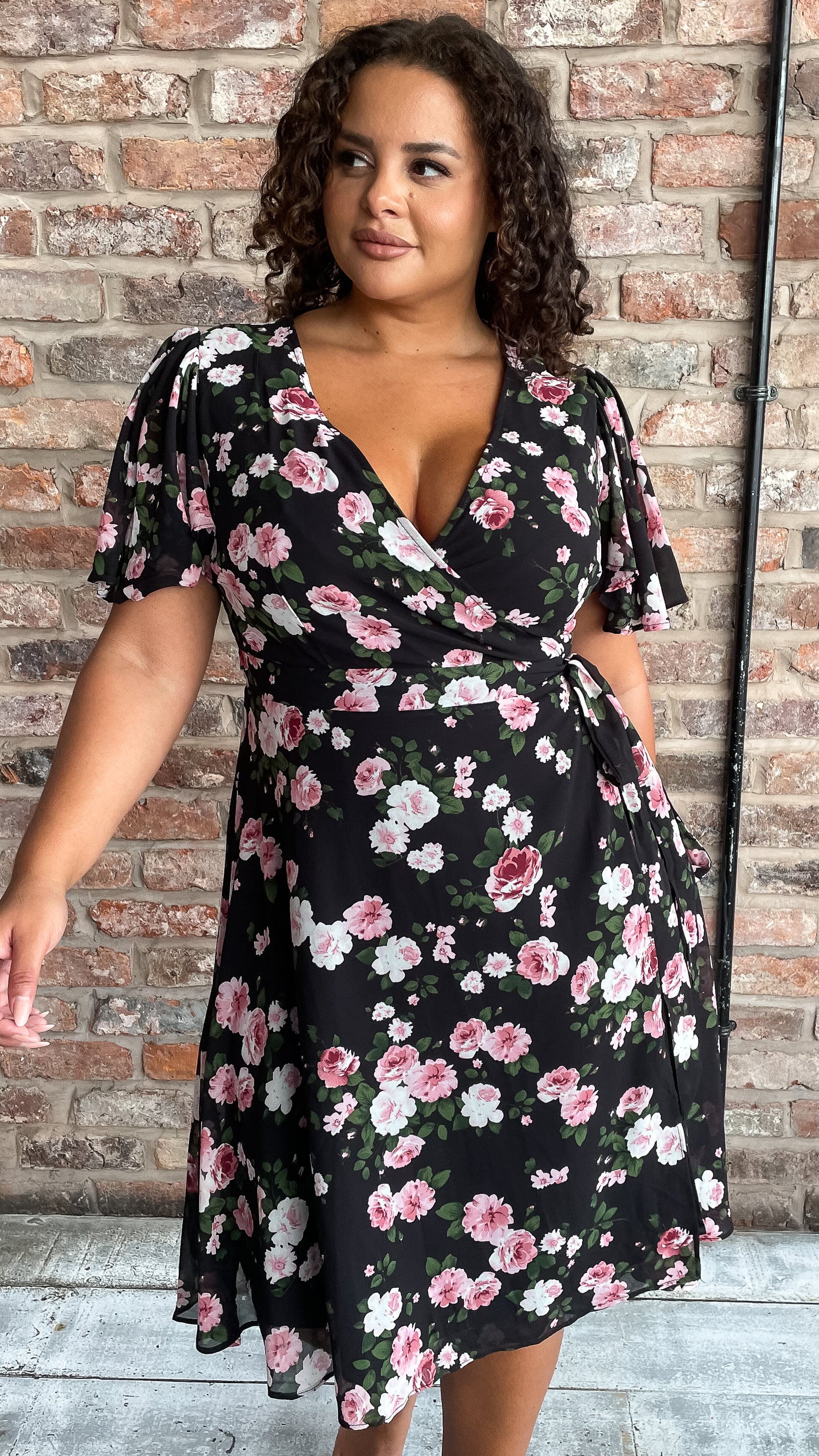 CurveWow Angel Sleeve Wrap Dress Black Pink Floral – Curvewow CurveWow Angel Sleeve Wrap Dress Black Pink Floral – Curvewow
