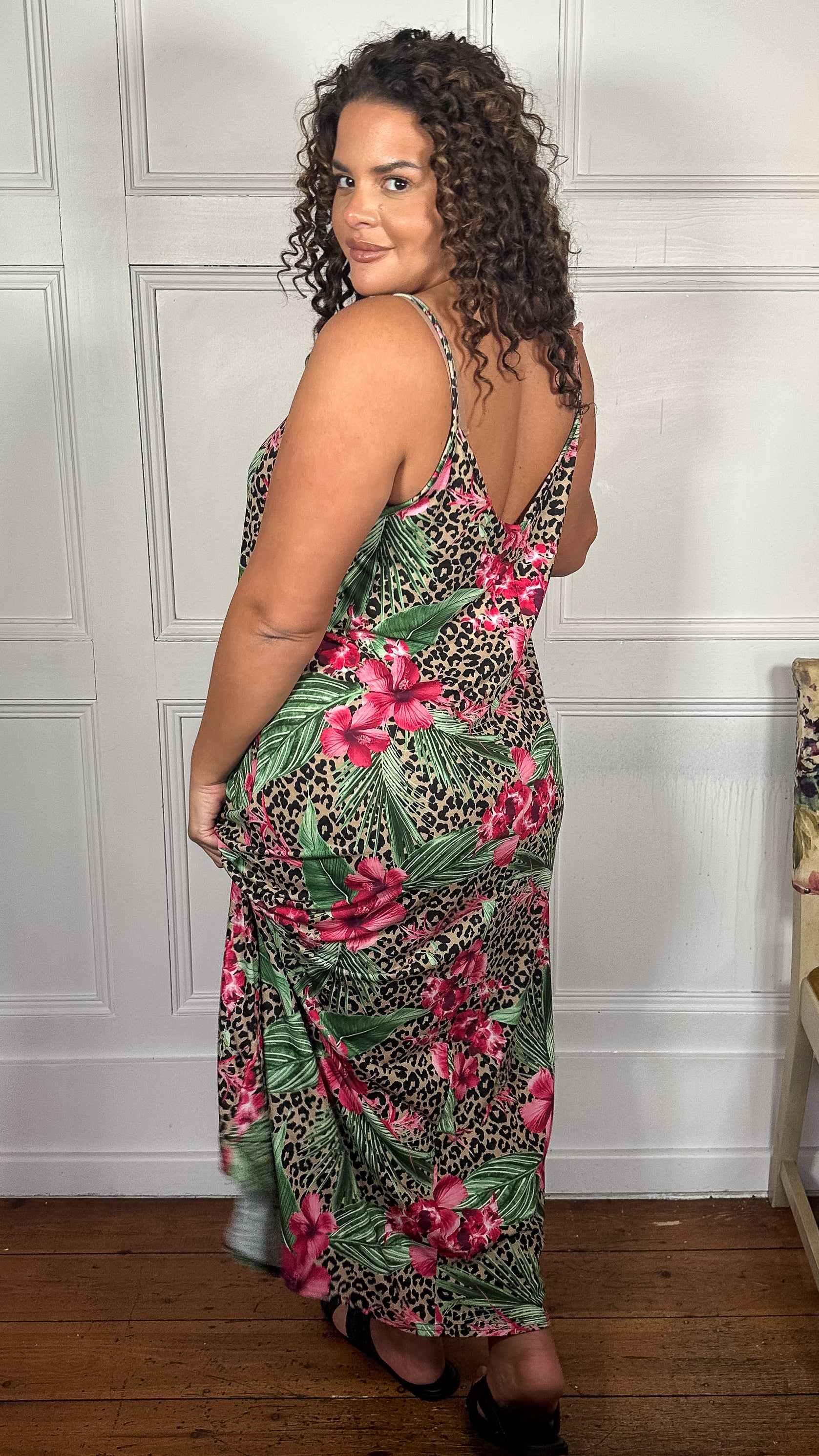 CurveWow Printed Tie Front Maxi Dress Leopard Floral