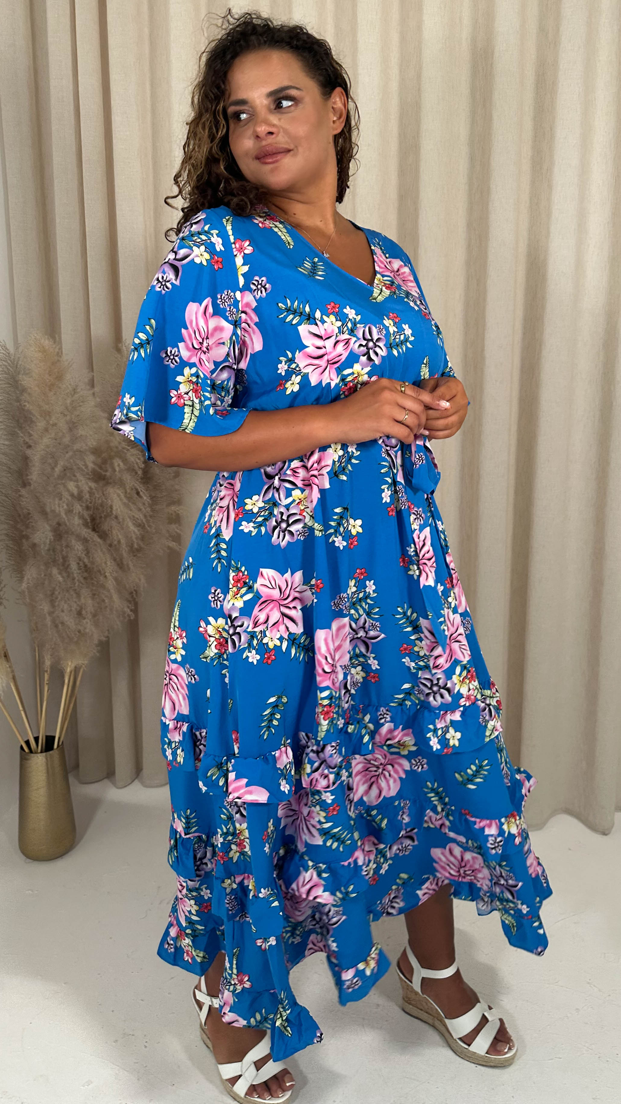 CurveWow V-Neck Ruffle Hem Floral Maxi Dress Blue Tropical