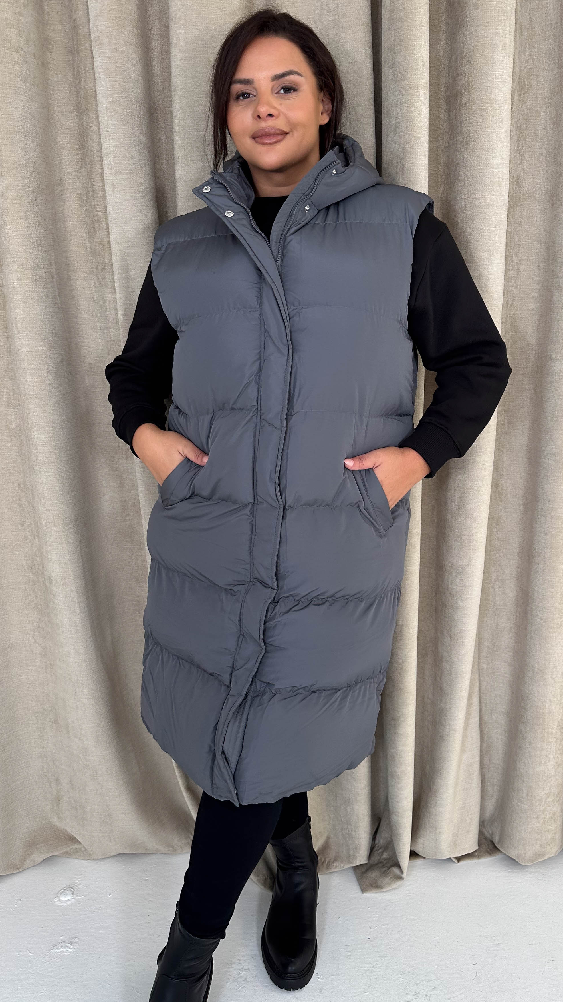 CurveWow Hooded Longline Gilet Grey