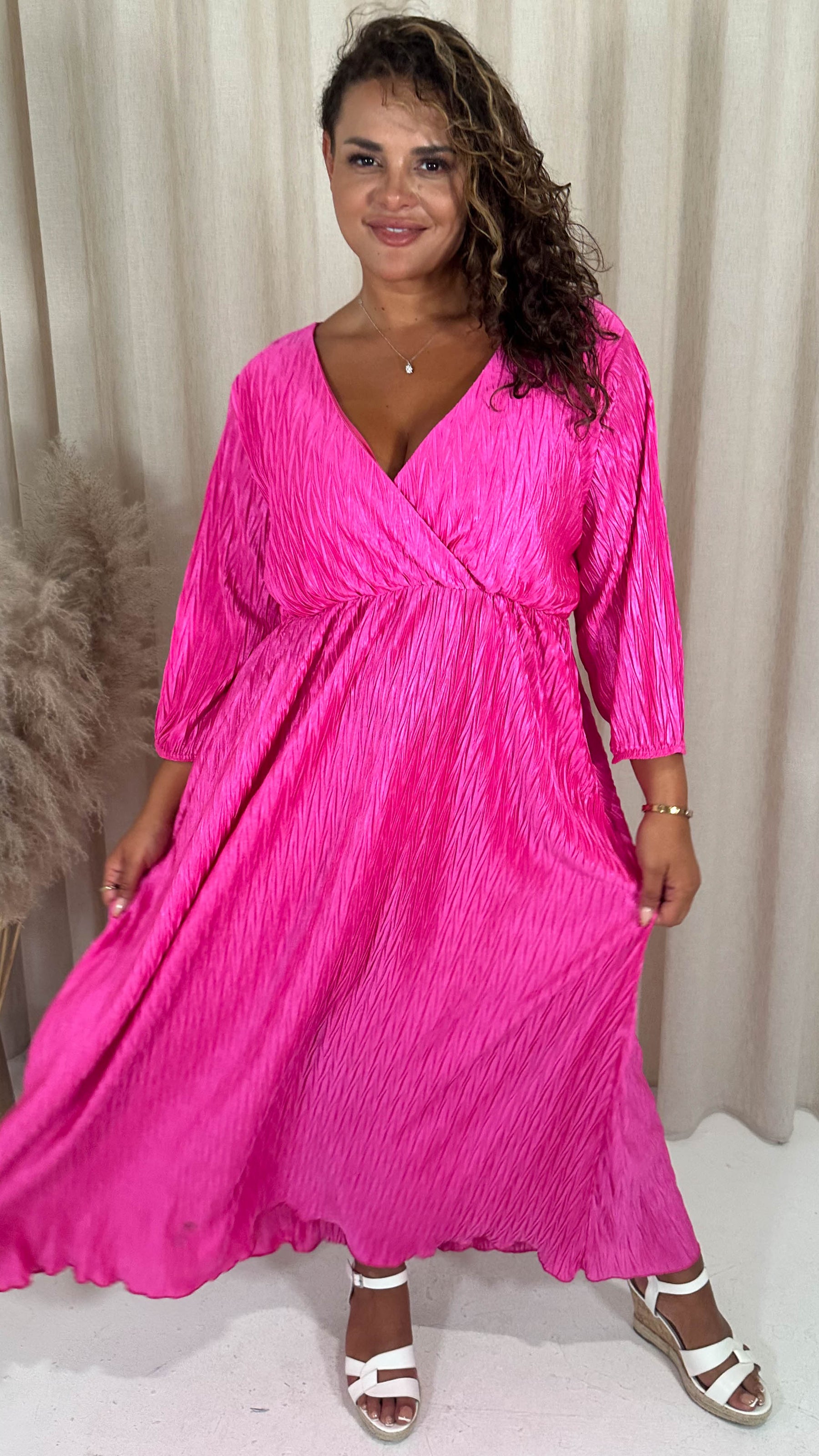 hot pink plisse dress CurveWow Zigzag Plisse Balloon Sleeve Maxi Dress Hot Pink Curvewow