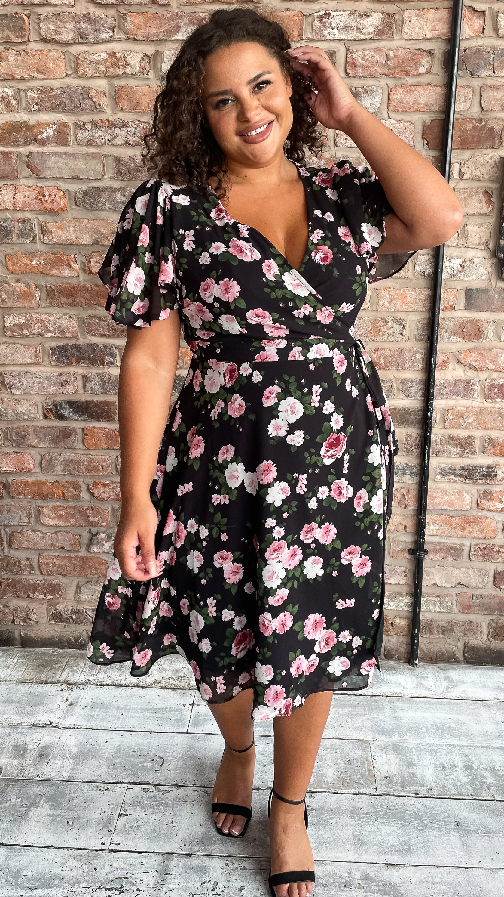 CurveWow Angel Sleeve Wrap Dress Black Pink Floral