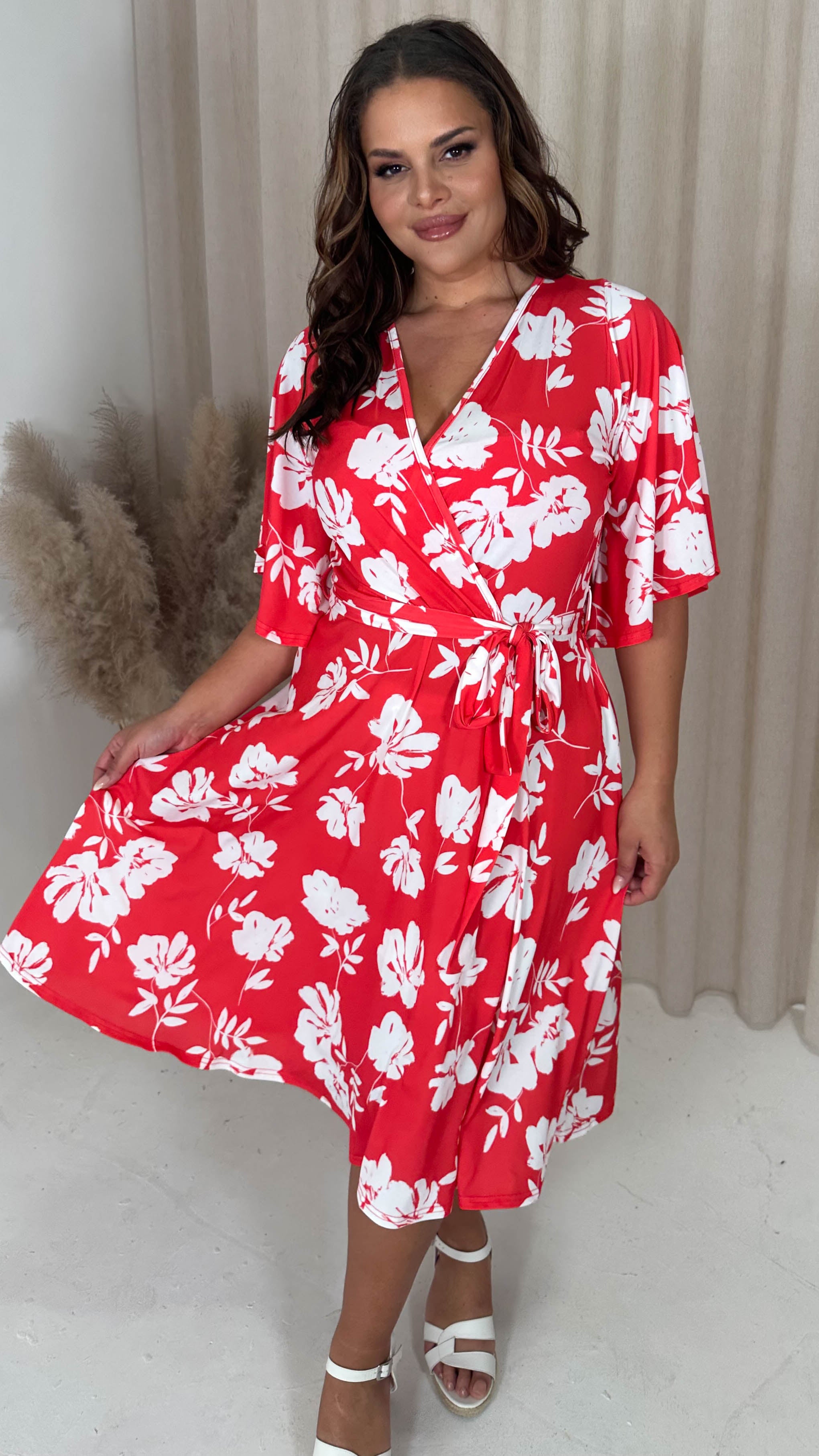 CurveWow Angel Sleeve Wrap Midi Dress Red Floral