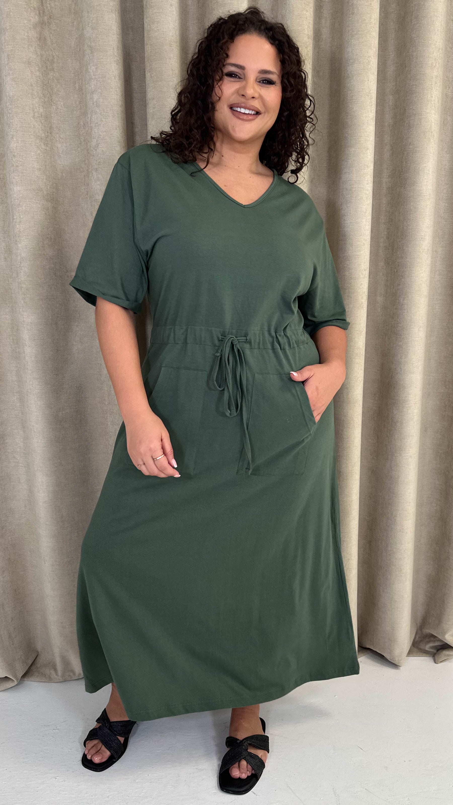 plus size long t shirt dress CurveWow Maxi T-Shirt Dress With Drawstring Khaki – Curvewow