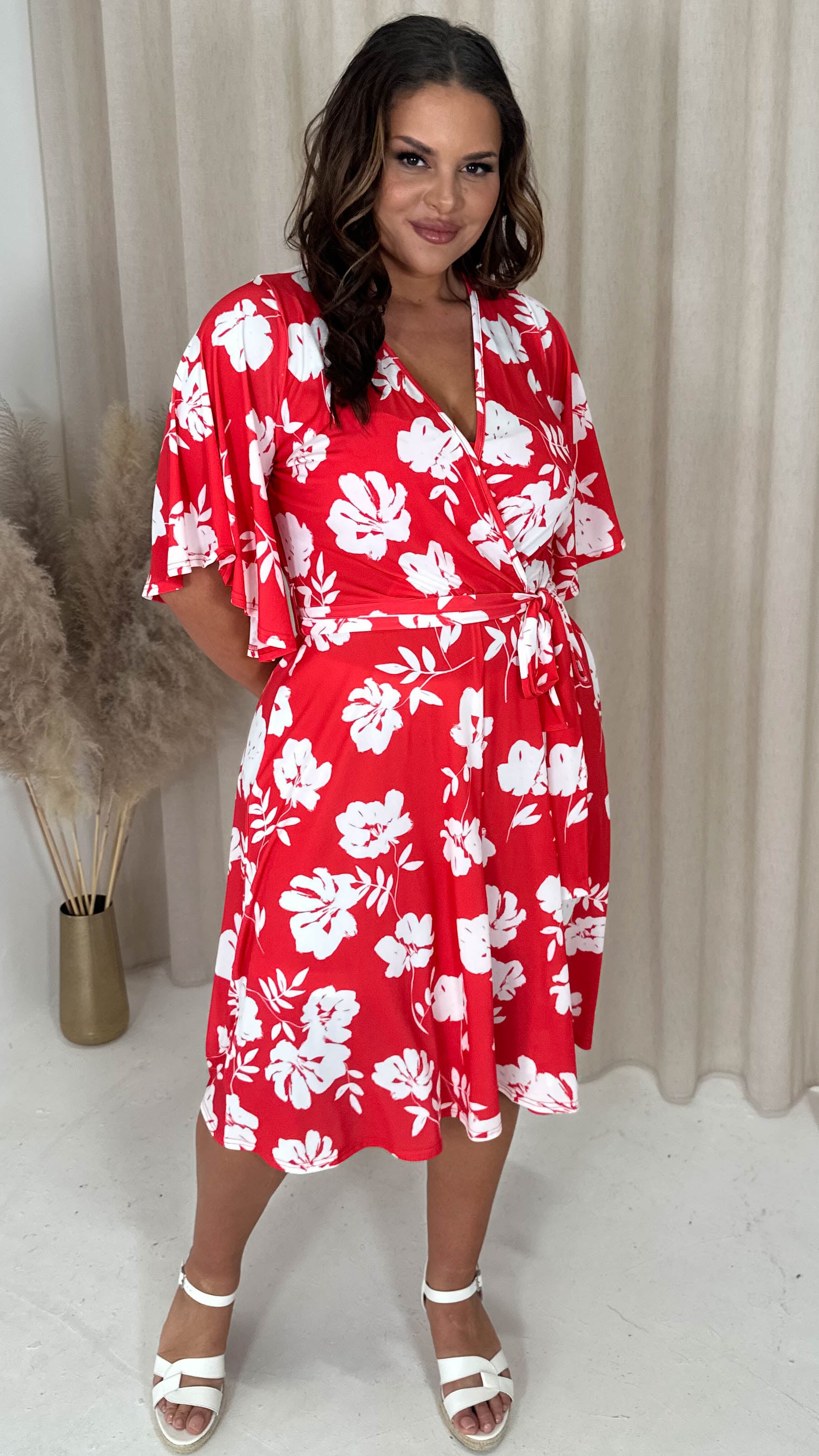 CurveWow Angel Sleeve Wrap Midi Dress Red Floral