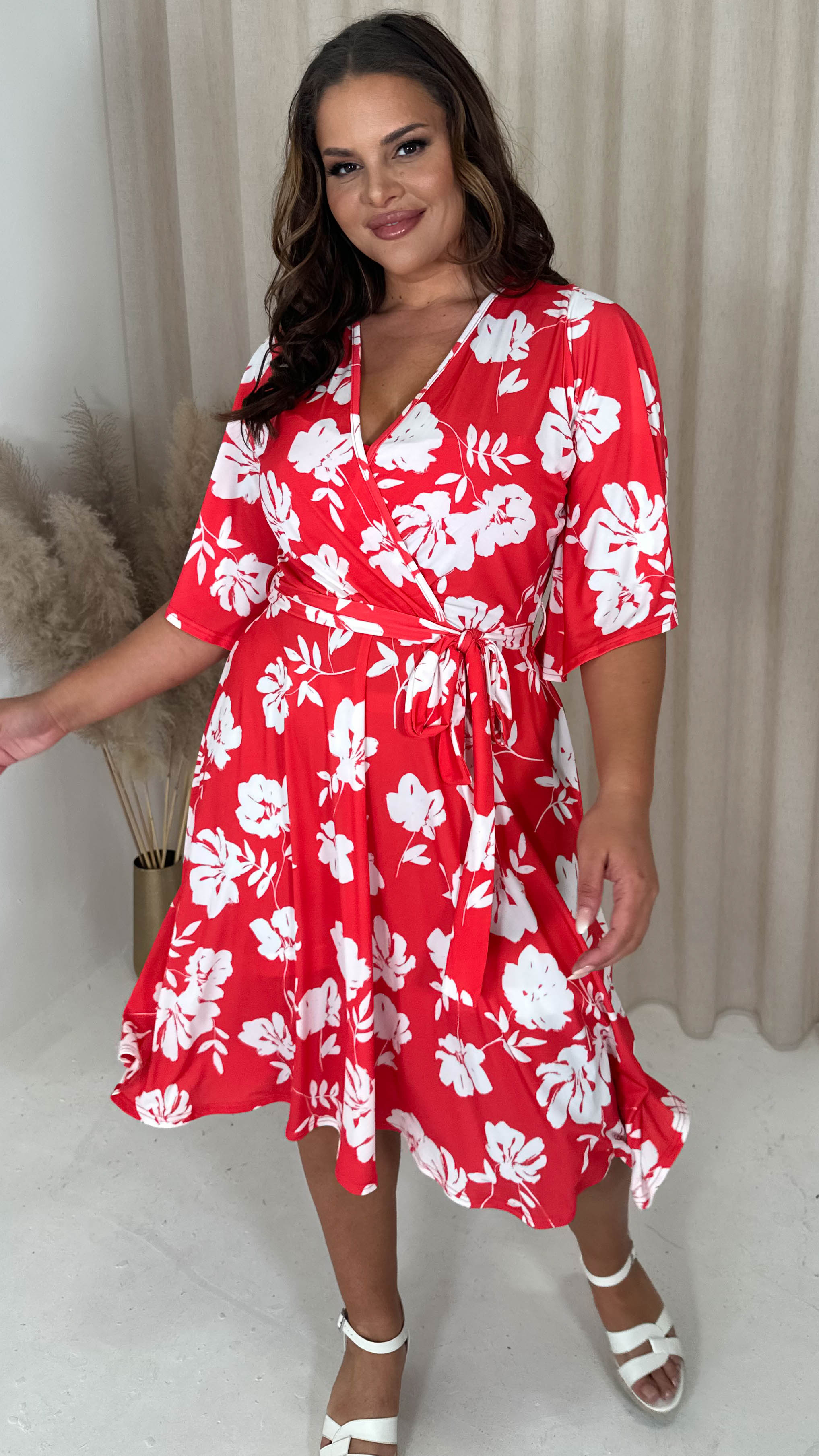 CurveWow Angel Sleeve Wrap Midi Dress Red Floral Curvewow CurveWow Angel Sleeve Wrap Midi Dress Red Floral Curvewow