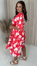 CurveWow Angel Sleeve Wrap Midi Dress Red Floral