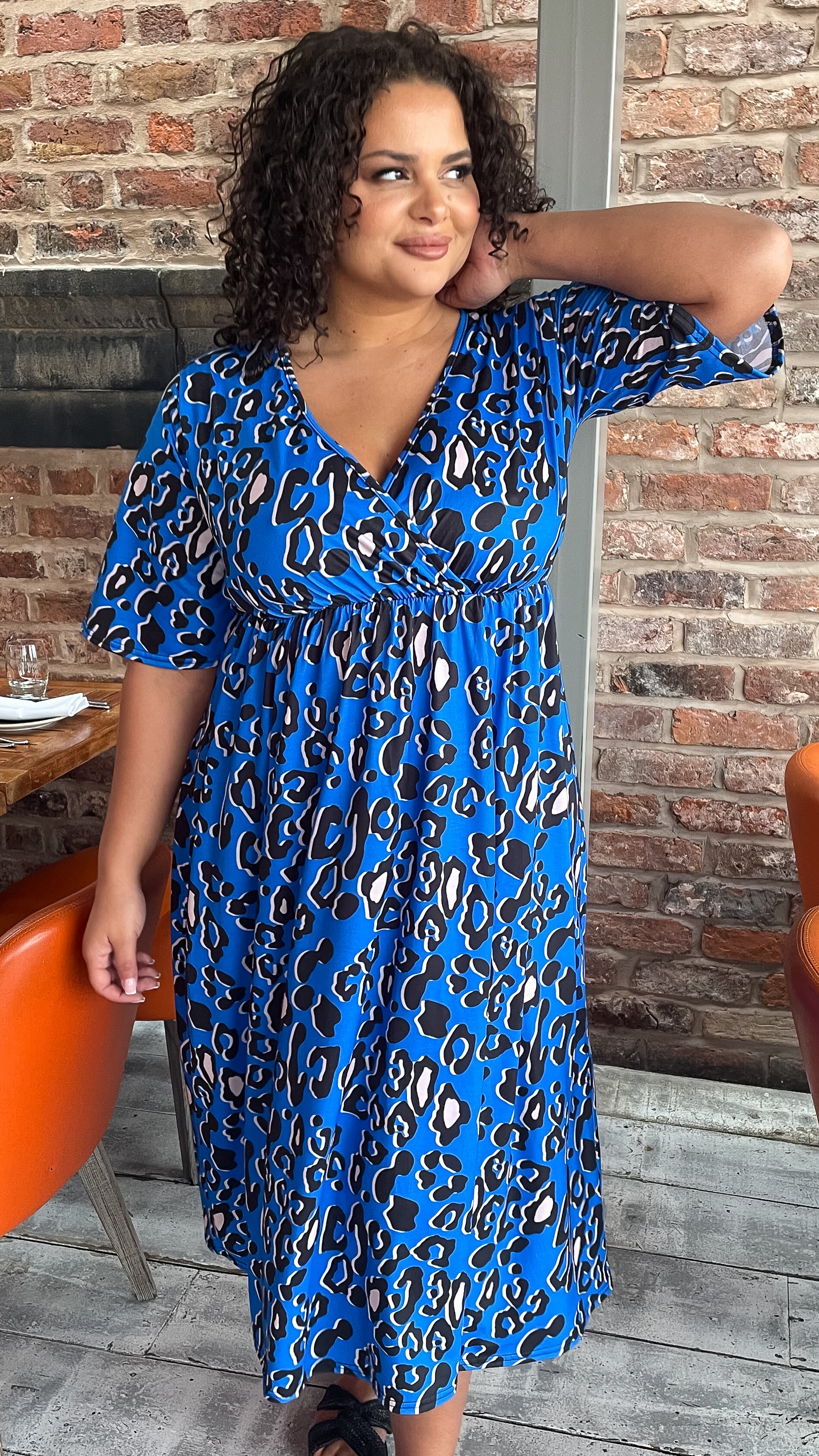 CurveWow Wrap Midi Dress Blue Leopard Curvewow CurveWow Wrap Midi Dress Blue Leopard Curvewow