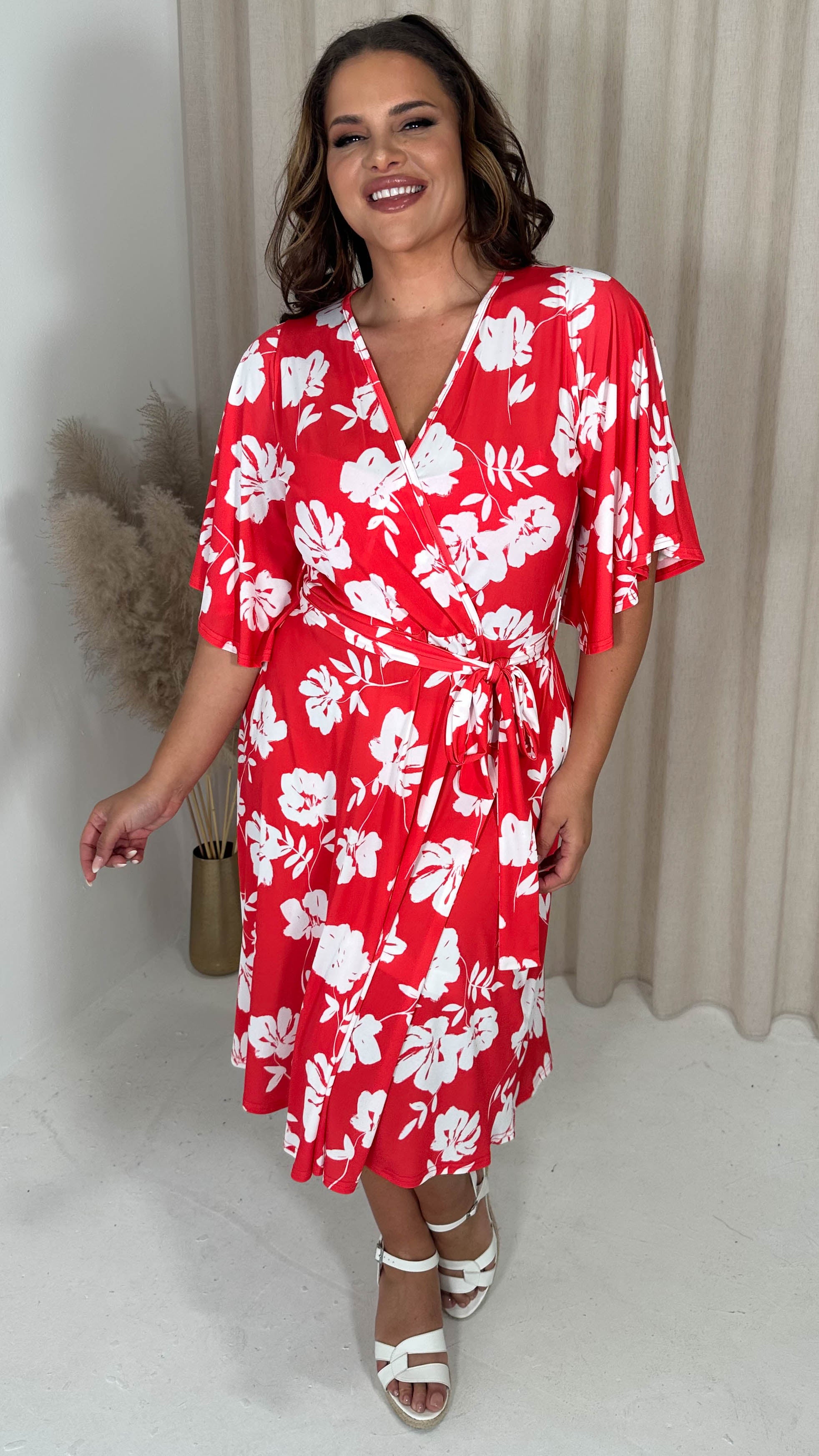 CurveWow Angel Sleeve Wrap Midi Dress Red Floral