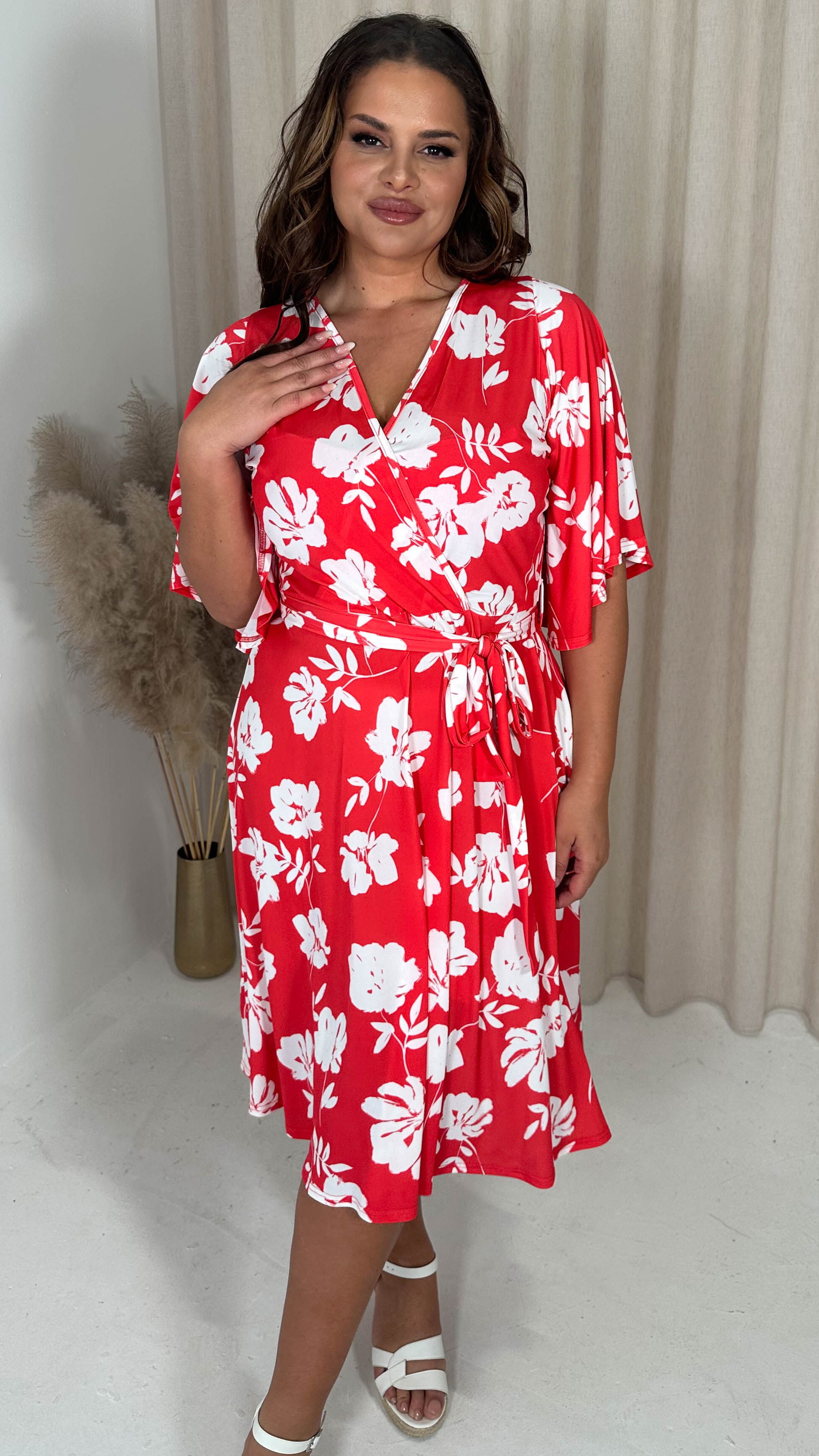 CurveWow Angel Sleeve Wrap Midi Dress Red Floral