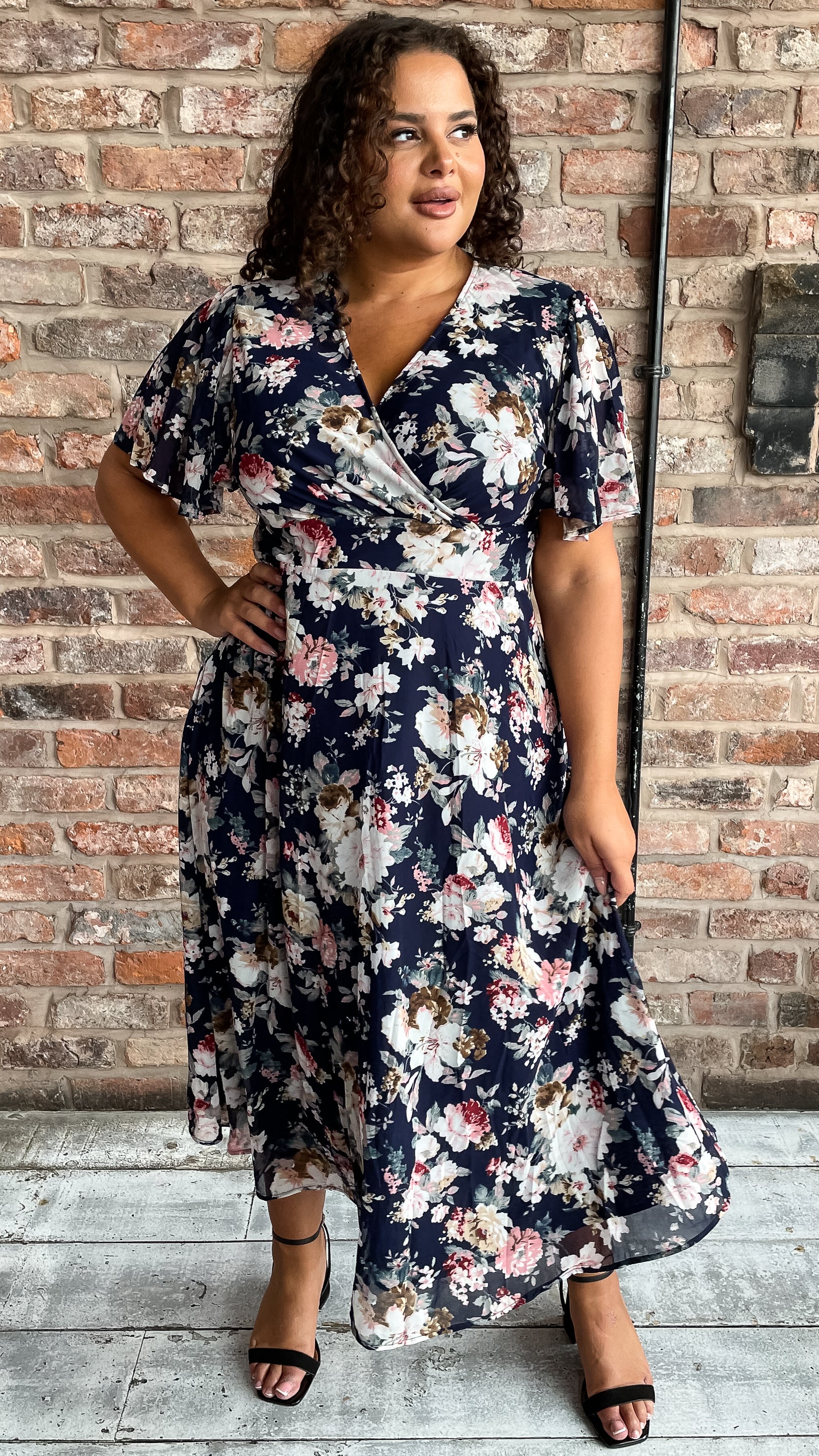 CurveWow Mesh Angel Sleeve Dress Navy Floral