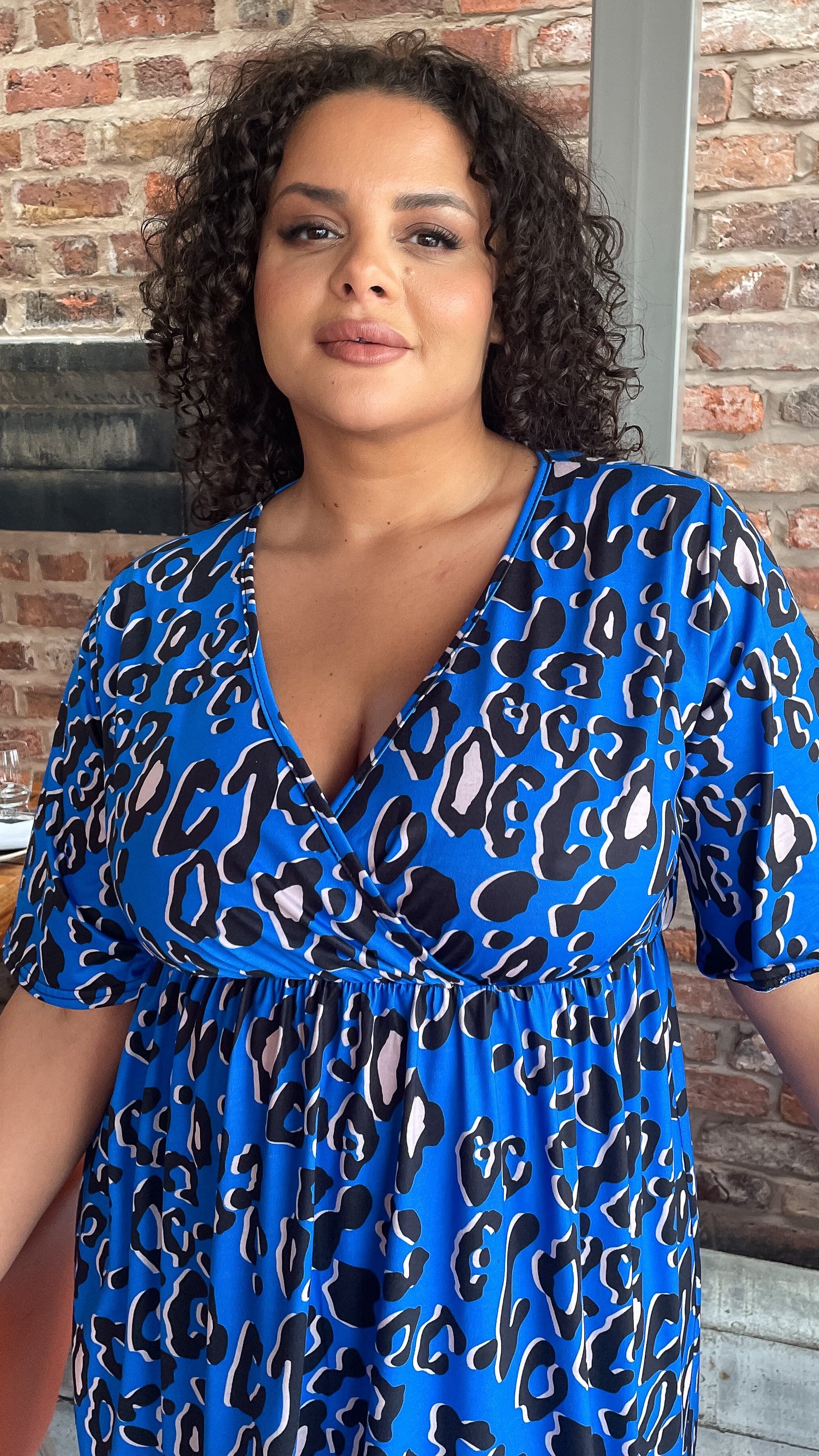 CurveWow Wrap Midi Dress Blue Leopard