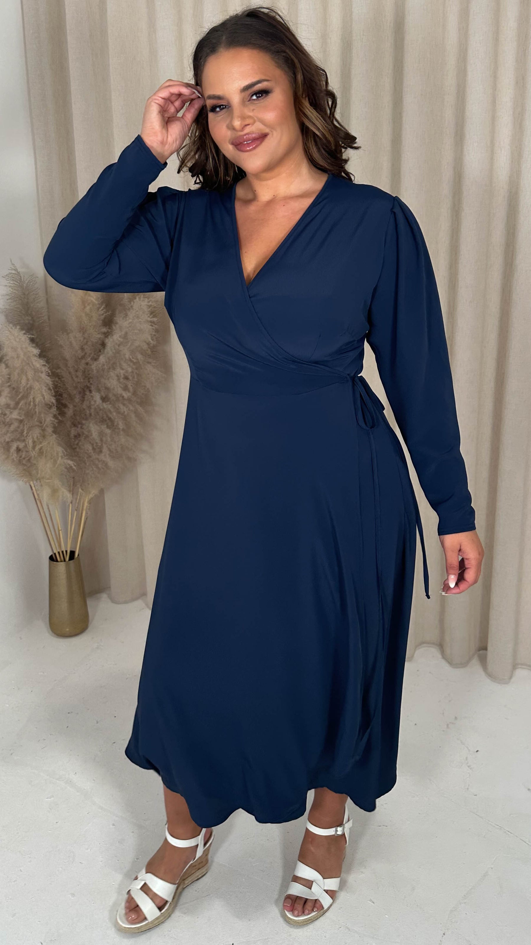 CurveWow Long Pleat Sleeve Wrap Dress Plain Navy Curvewow CurveWow Long Pleat Sleeve Wrap Dress Plain Navy Curvewow