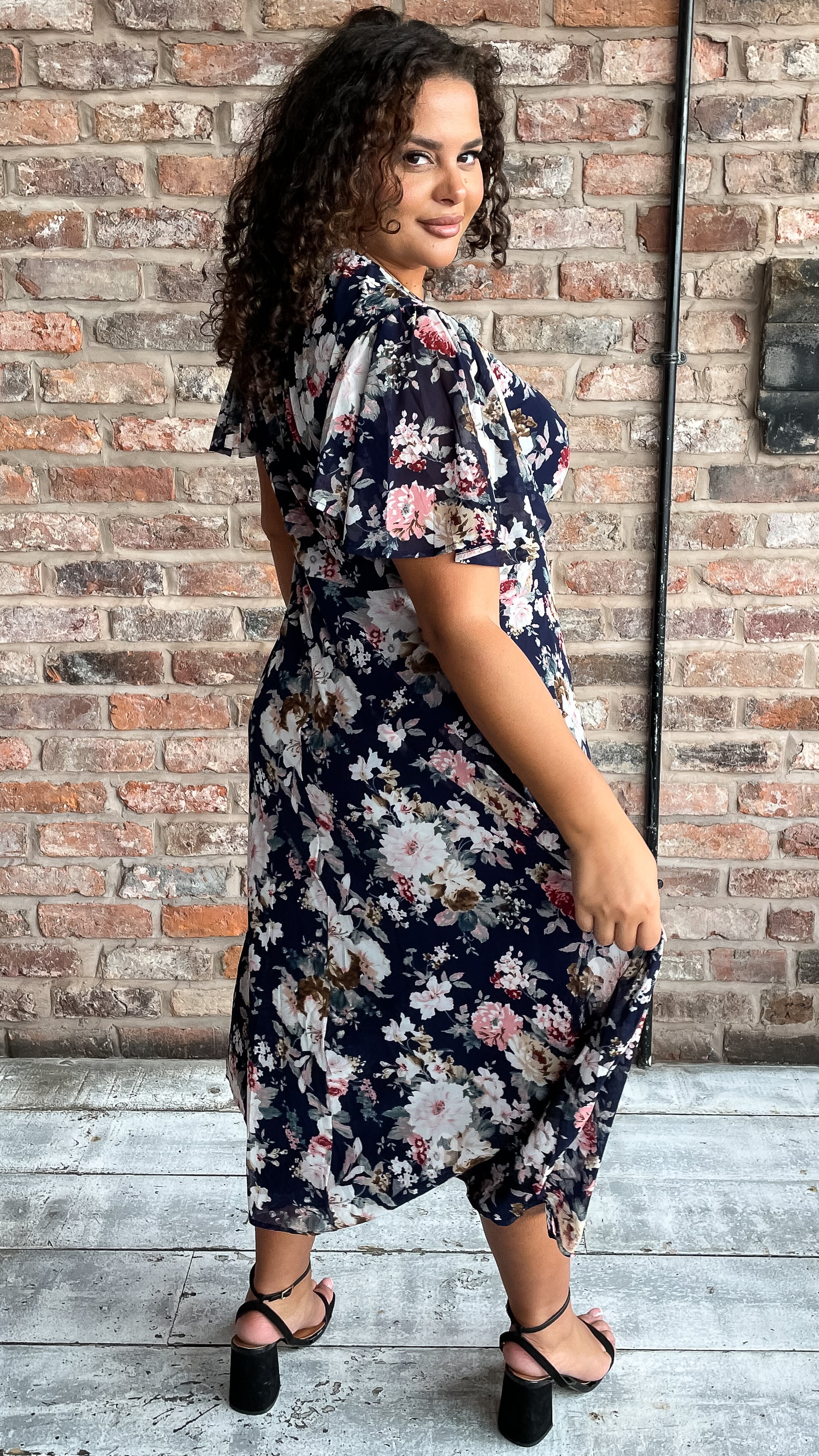 CurveWow Mesh Angel Sleeve Dress Navy Floral