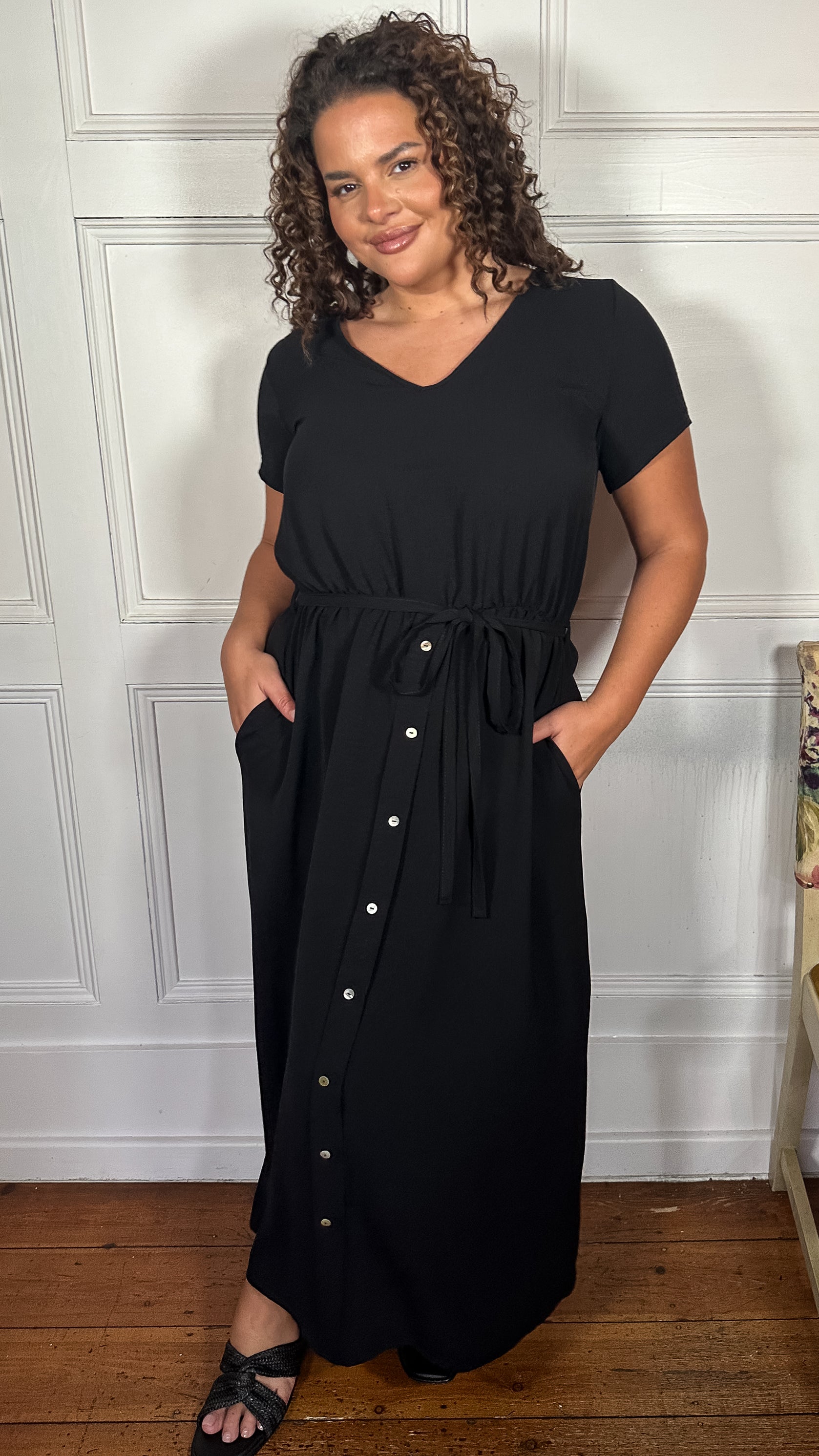 CurveWow Button Front Ocean Crepe Maxi Dress Black