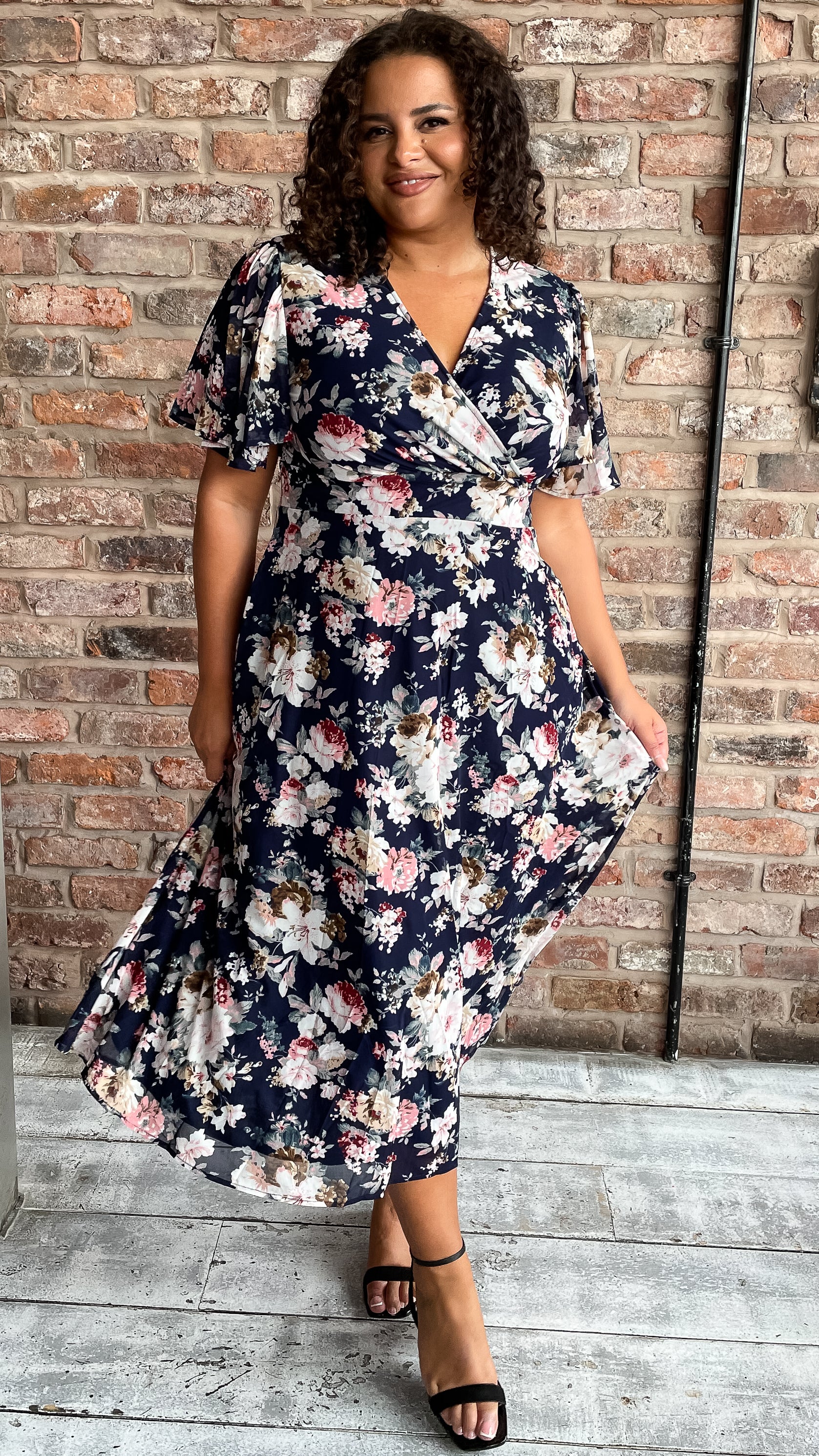 CurveWow Mesh Angel Sleeve Dress Navy Floral
