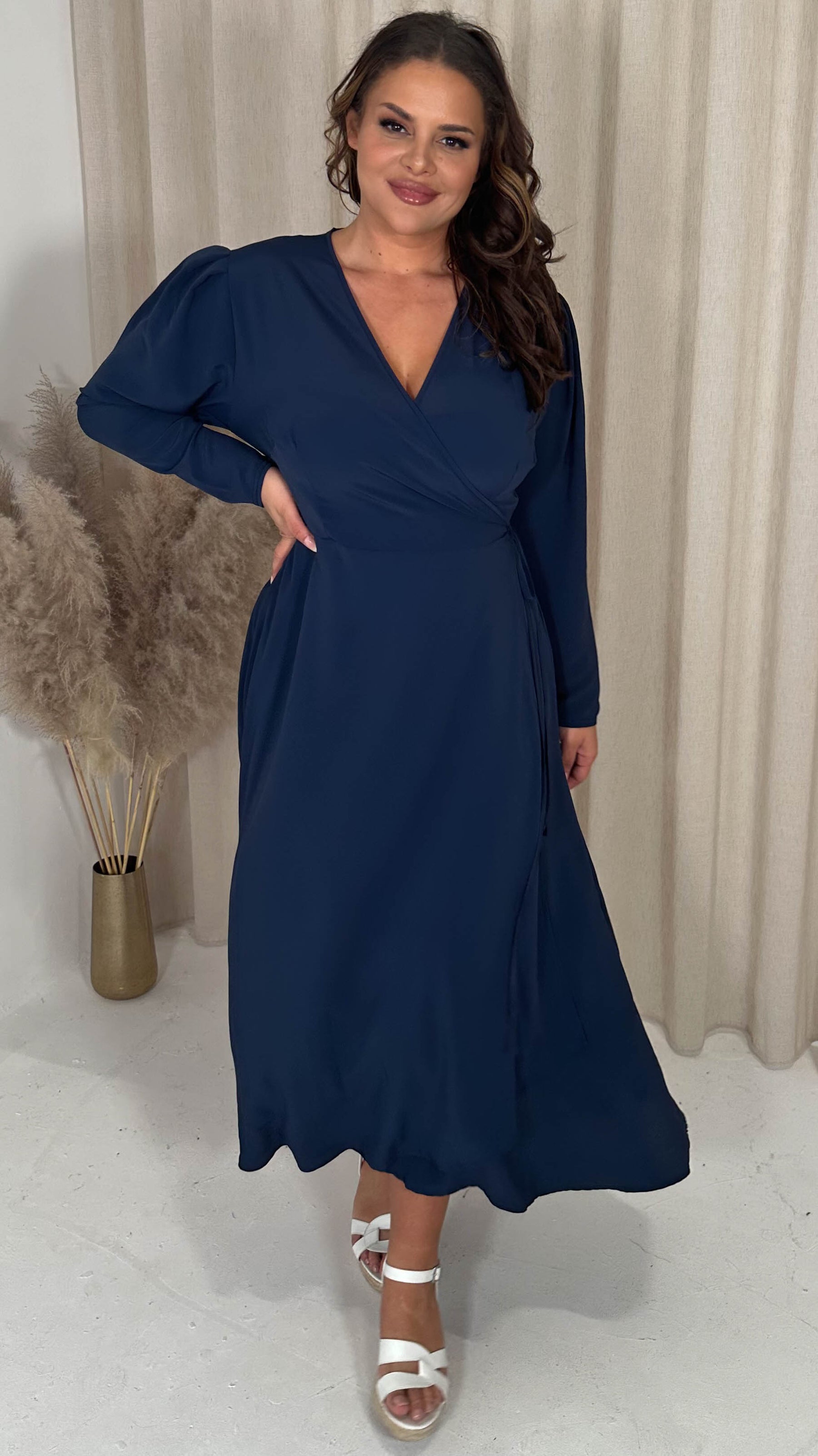 CurveWow Long Pleat Sleeve Wrap Dress Plain Navy Curvewow CurveWow Long Pleat Sleeve Wrap Dress Plain Navy Curvewow