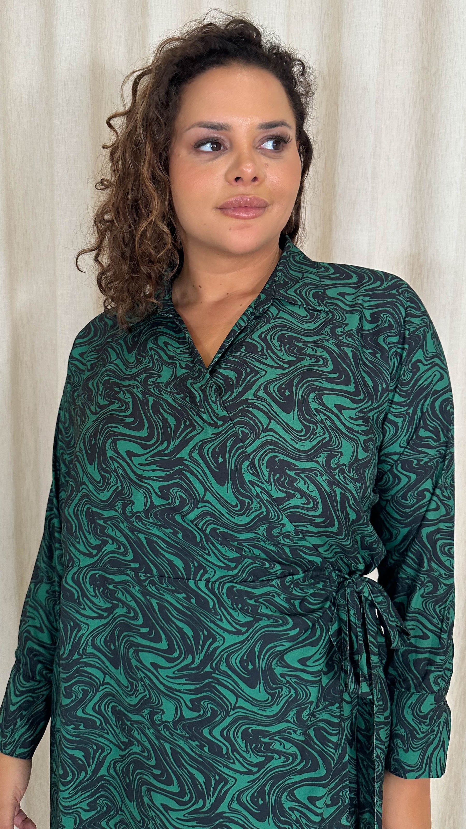CurveWow Midi Wrap Shirt Dress Black & Green Swirl Curvewow CurveWow Midi Wrap Shirt Dress Black & Green Swirl Curvewow