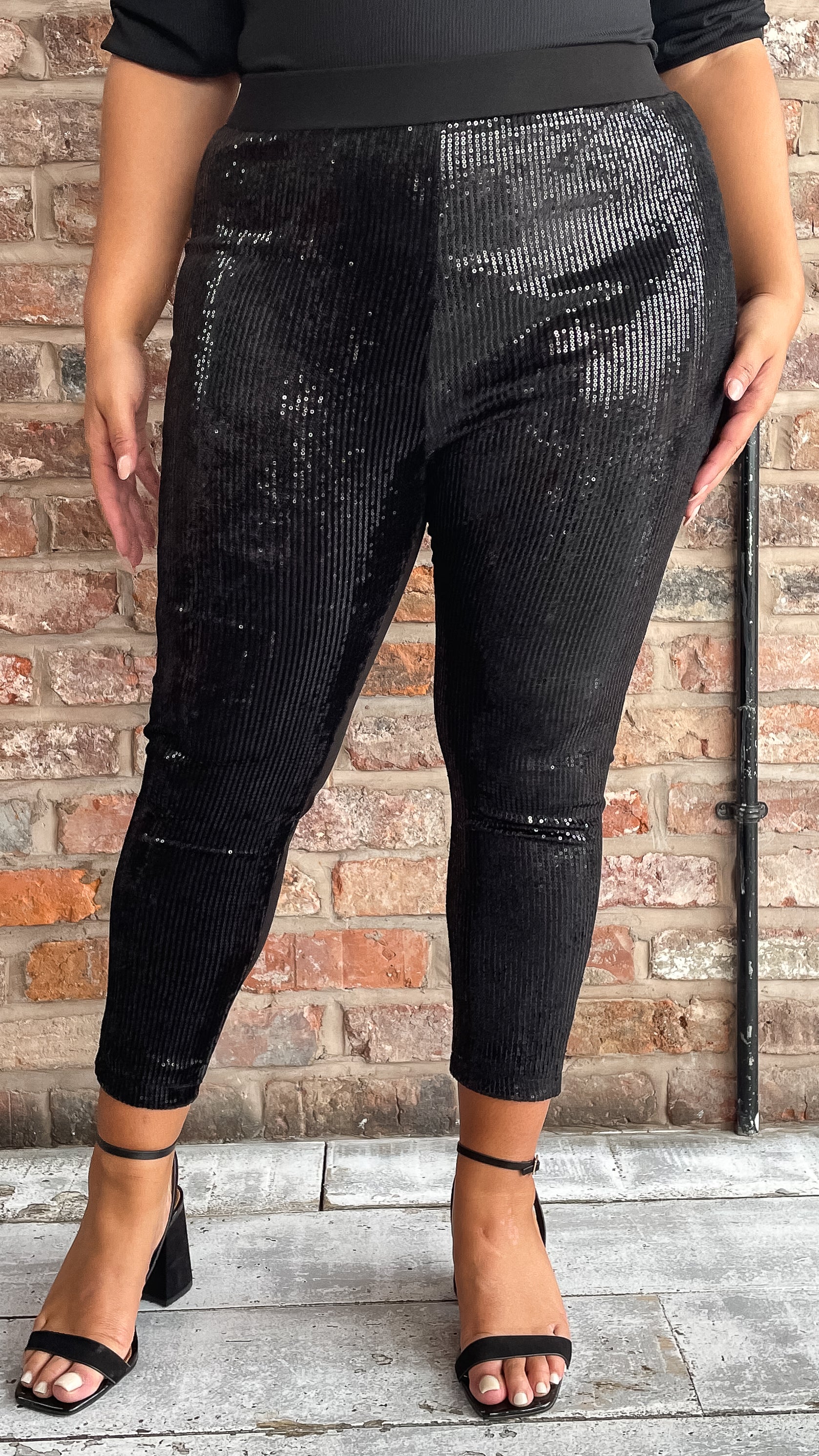 Black Stretch Sequin Pull On Skinny Trousers | Simply Be