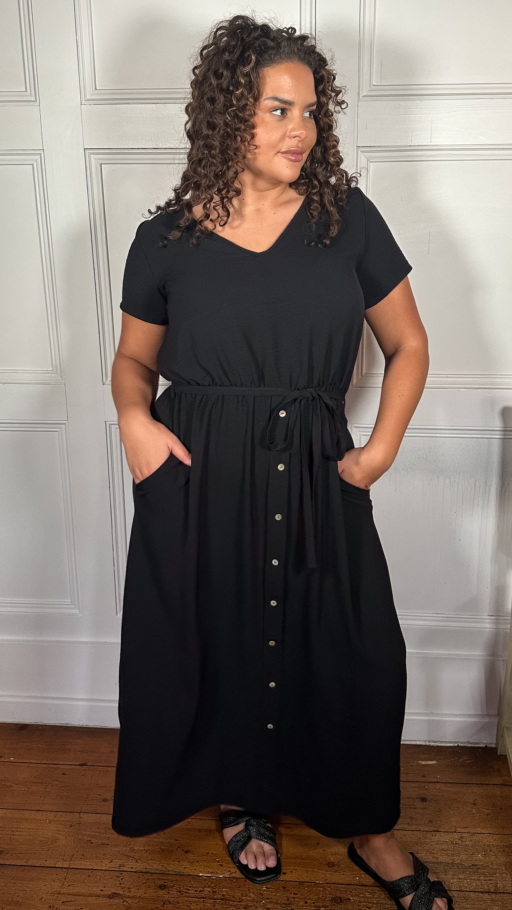 CurveWow Button Front Ocean Crepe Maxi Dress Black