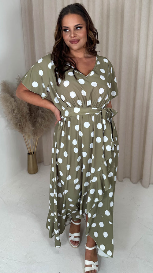 CurveWow V Neck Frill Hem Dress Green Spot