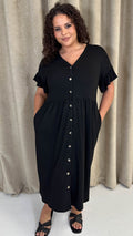 CurveWow Cotton Frill Sleeve Button Front Dress Black
