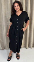 CurveWow Cotton Frill Sleeve Button Front Dress Black