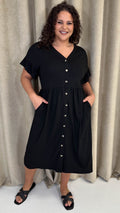 CurveWow Cotton Frill Sleeve Button Front Dress Black