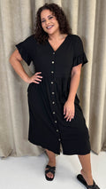 CurveWow Cotton Frill Sleeve Button Front Dress Black