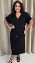 CurveWow Cotton Frill Sleeve Button Front Dress Black