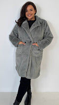 CurveWow Faux Fur Button Front Coat Grey
