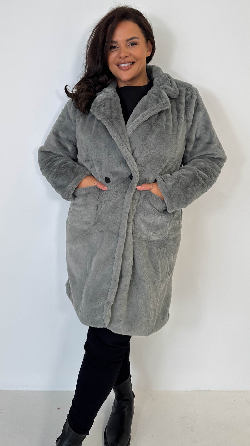 CurveWow Faux Fur Button Front Coat Grey