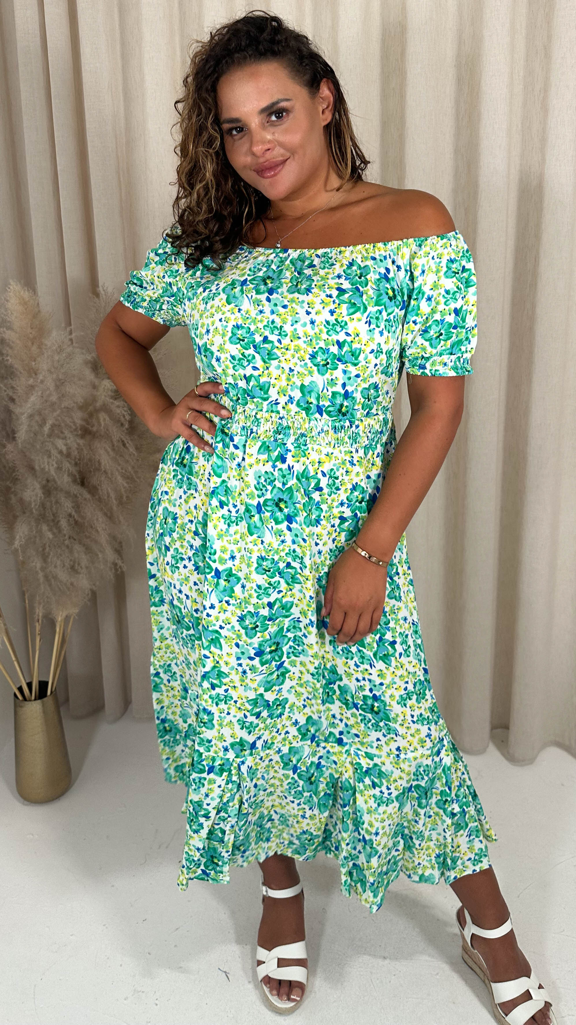 CurveWow Bardot Midi Dress Turquoise Ditsy Floral Curvewow CurveWow Bardot Midi Dress Turquoise Ditsy Floral Curvewow