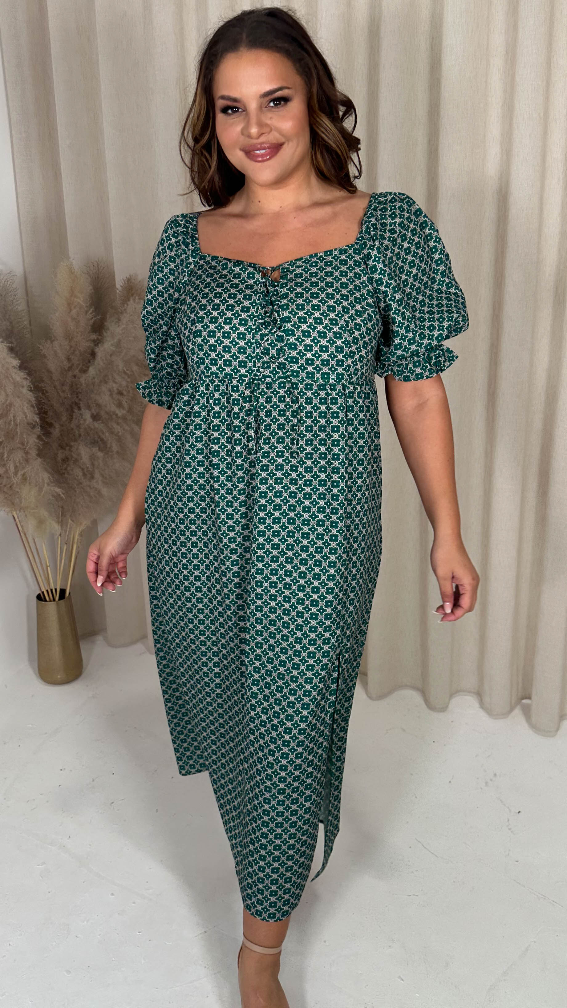 CurveWow Woven Milkmaid Dress Green