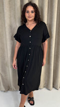 CurveWow Cotton Frill Sleeve Button Front Dress Black