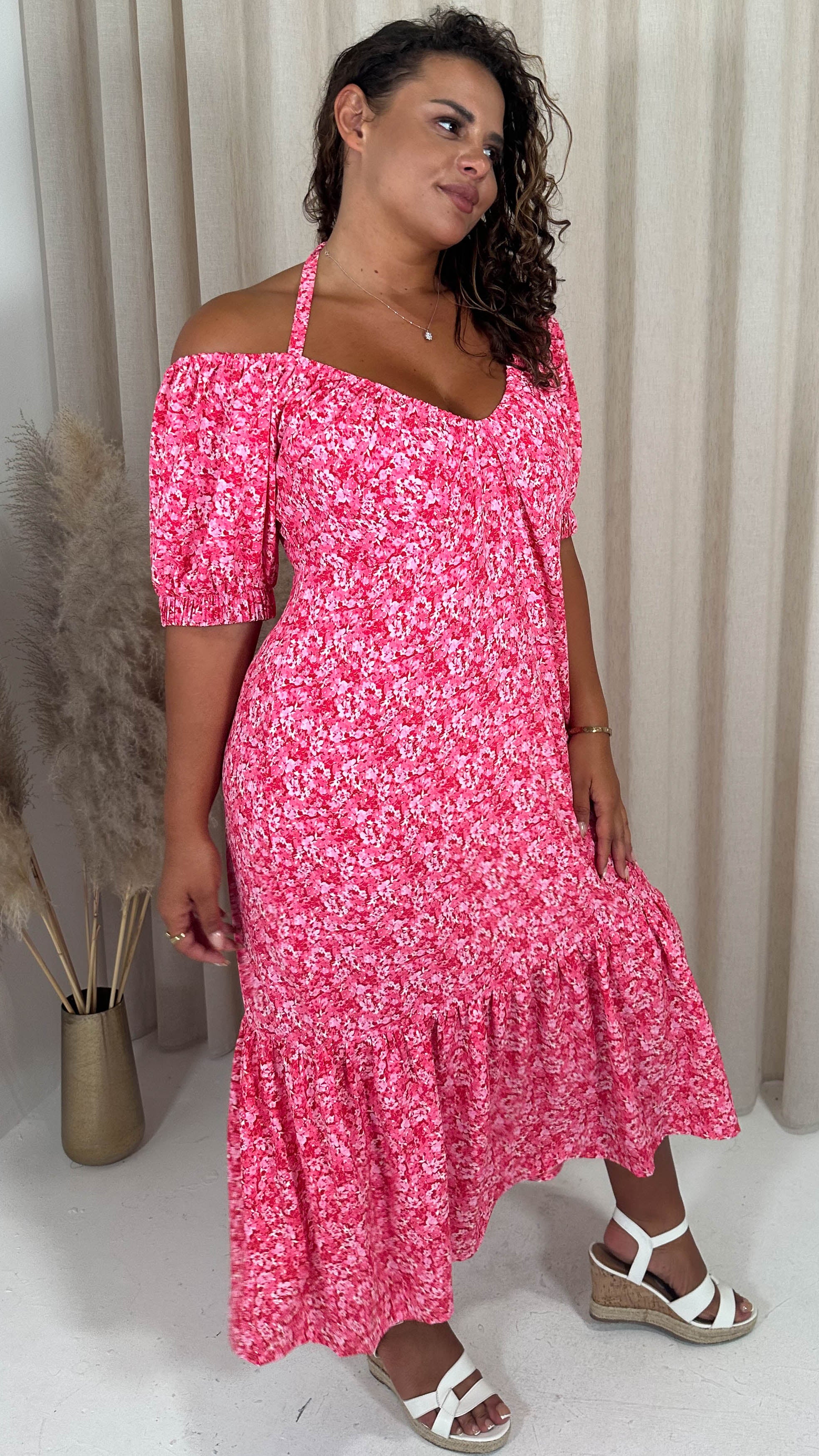 CurveWow Frill Hem Halter Tie Midi Dress Red/Pink Floral