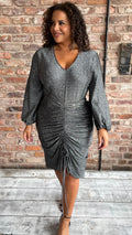 CurveWow Ruched Glitter Dress Silver