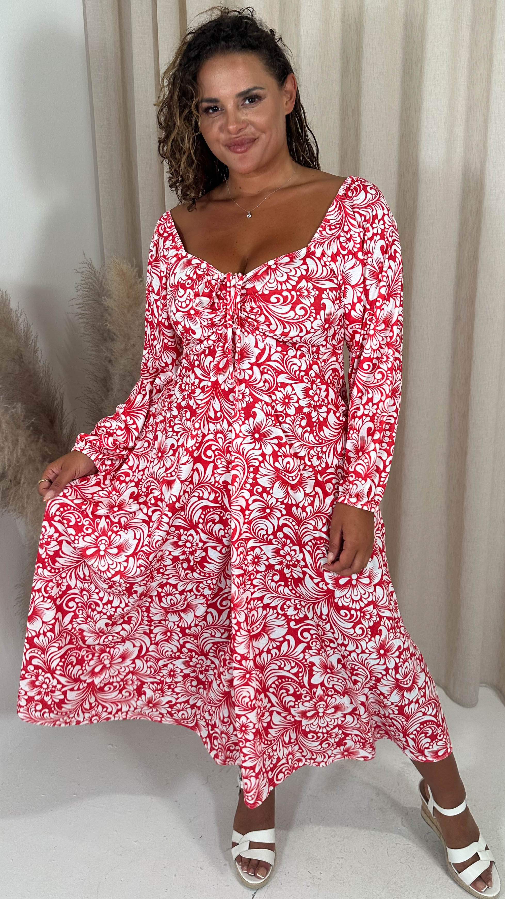 CurveWow Milkmaid Maxi Dress Red Paisley