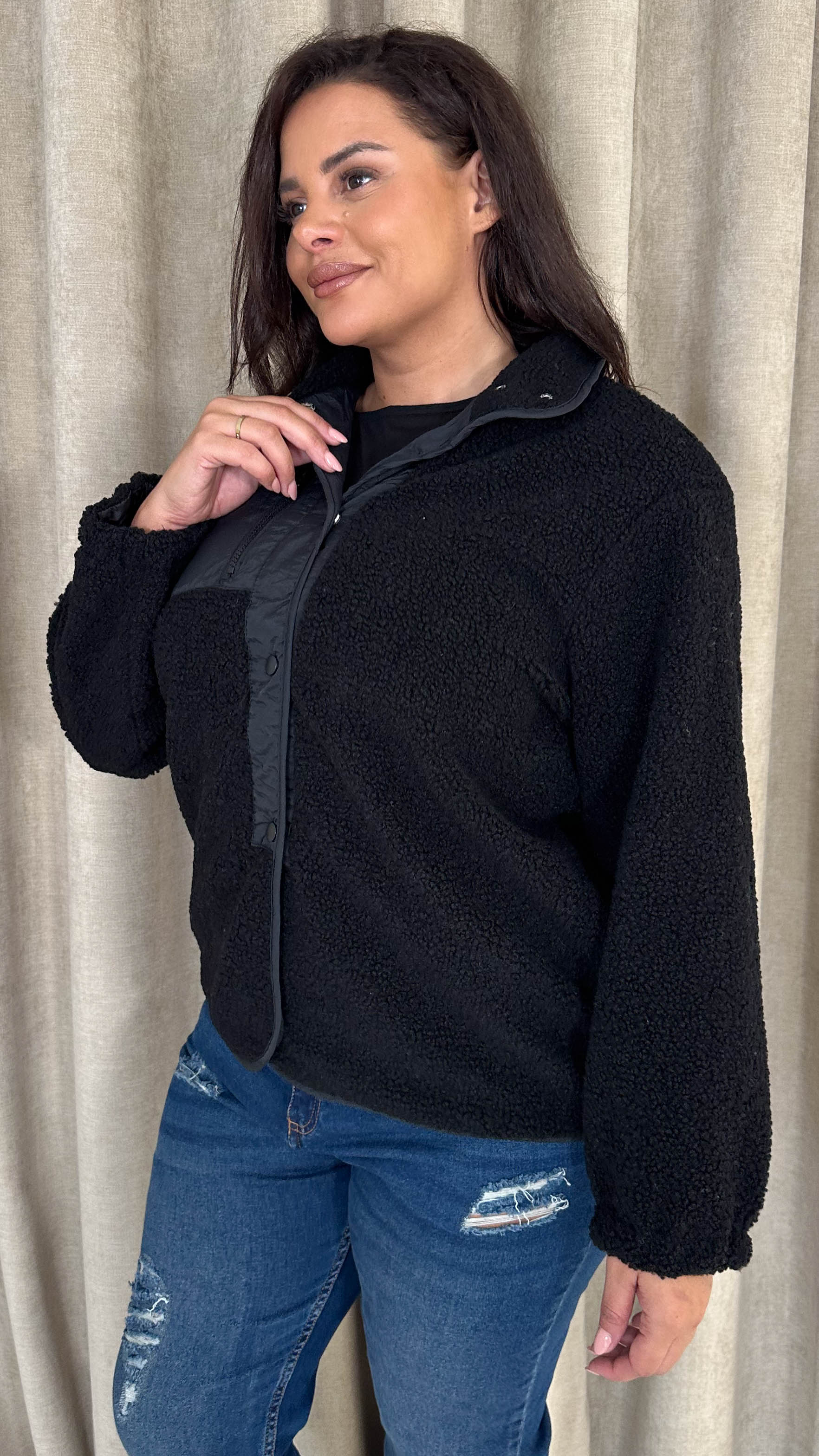 CurveWow Borg Teddy Jacket Black - Main Image