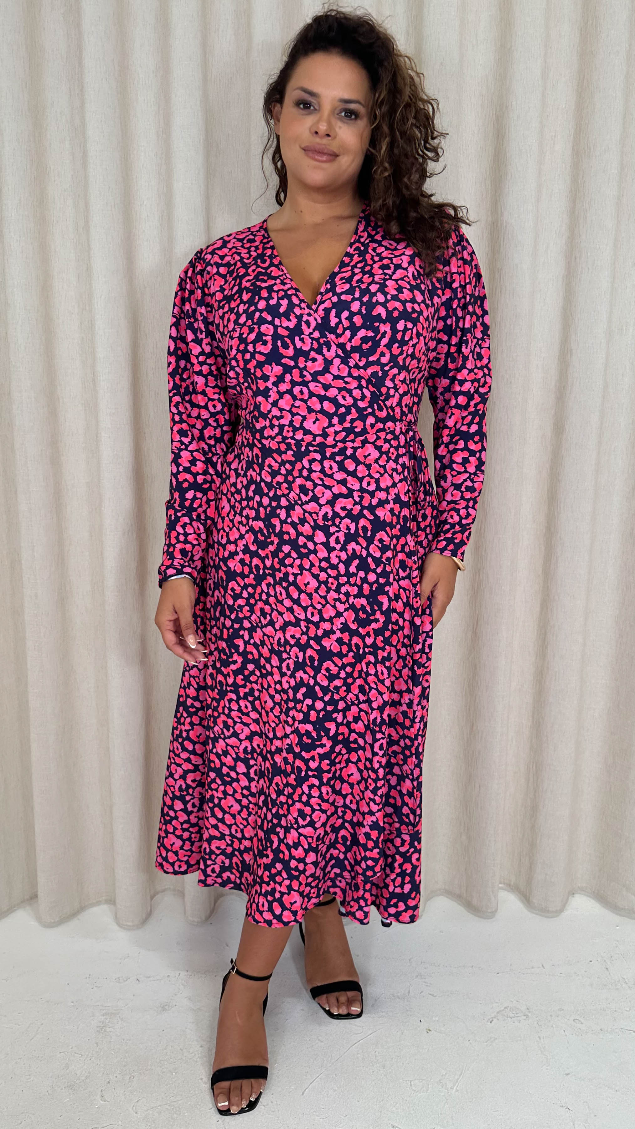 CurveWow Long Sleeve Wrap Dress Navy Animal
