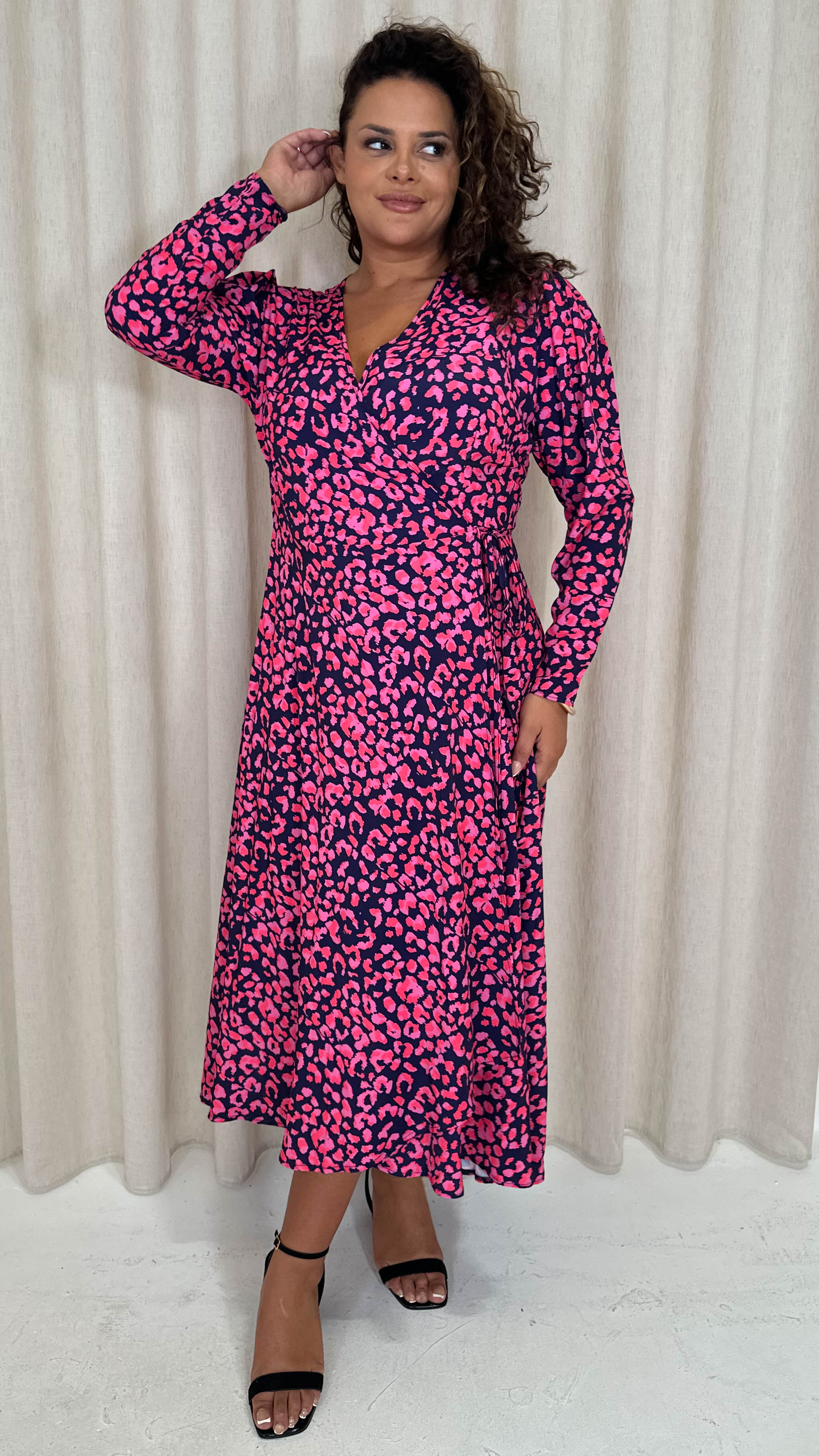 CurveWow Long Sleeve Wrap Dress Navy Animal