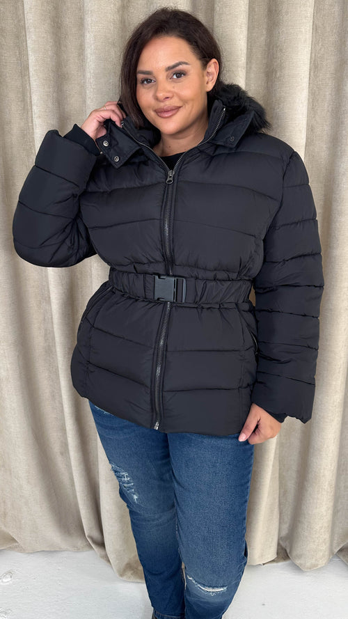 CurveWow Faux Fur Hooded Puffa Coat Black