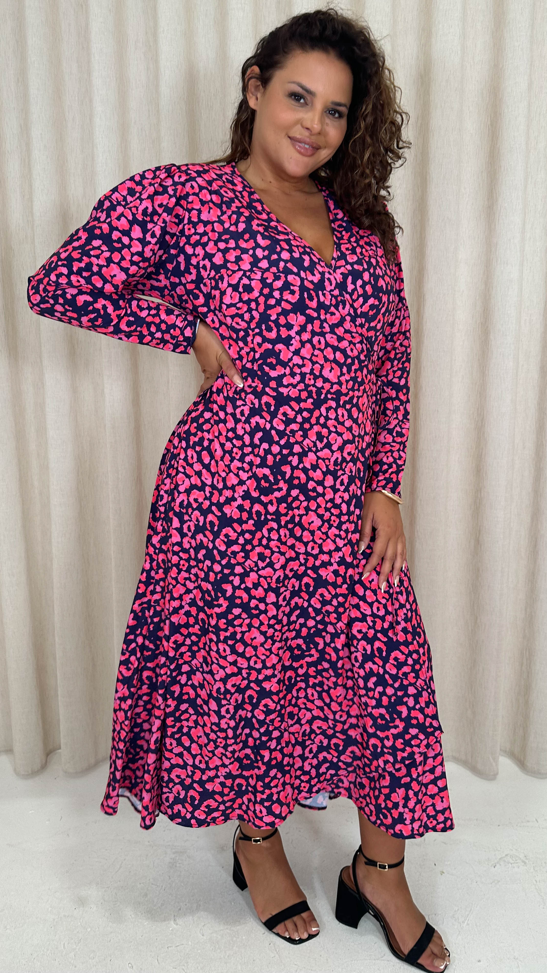 CurveWow Long Sleeve Wrap Dress Navy Animal