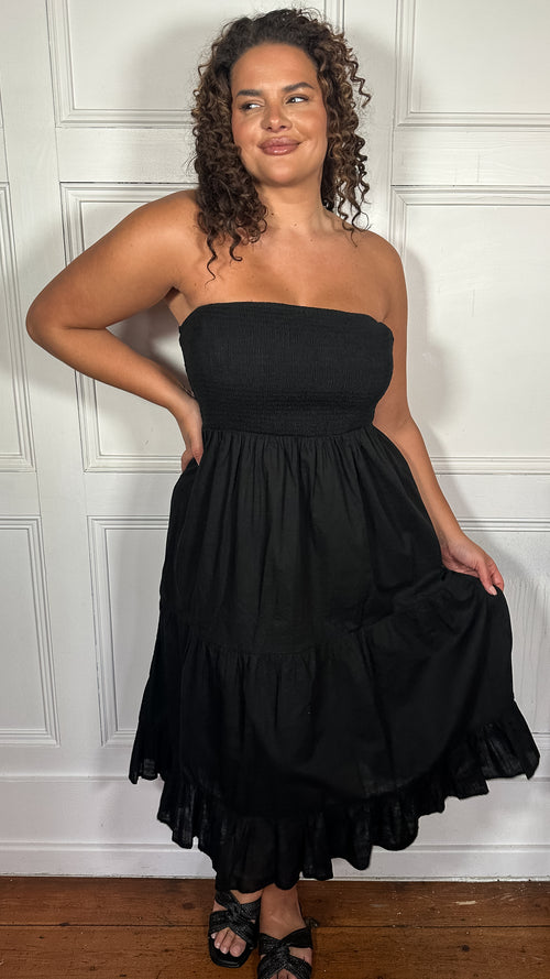 CurveWow Cotton Shirred Bandeau Midi Dress Black