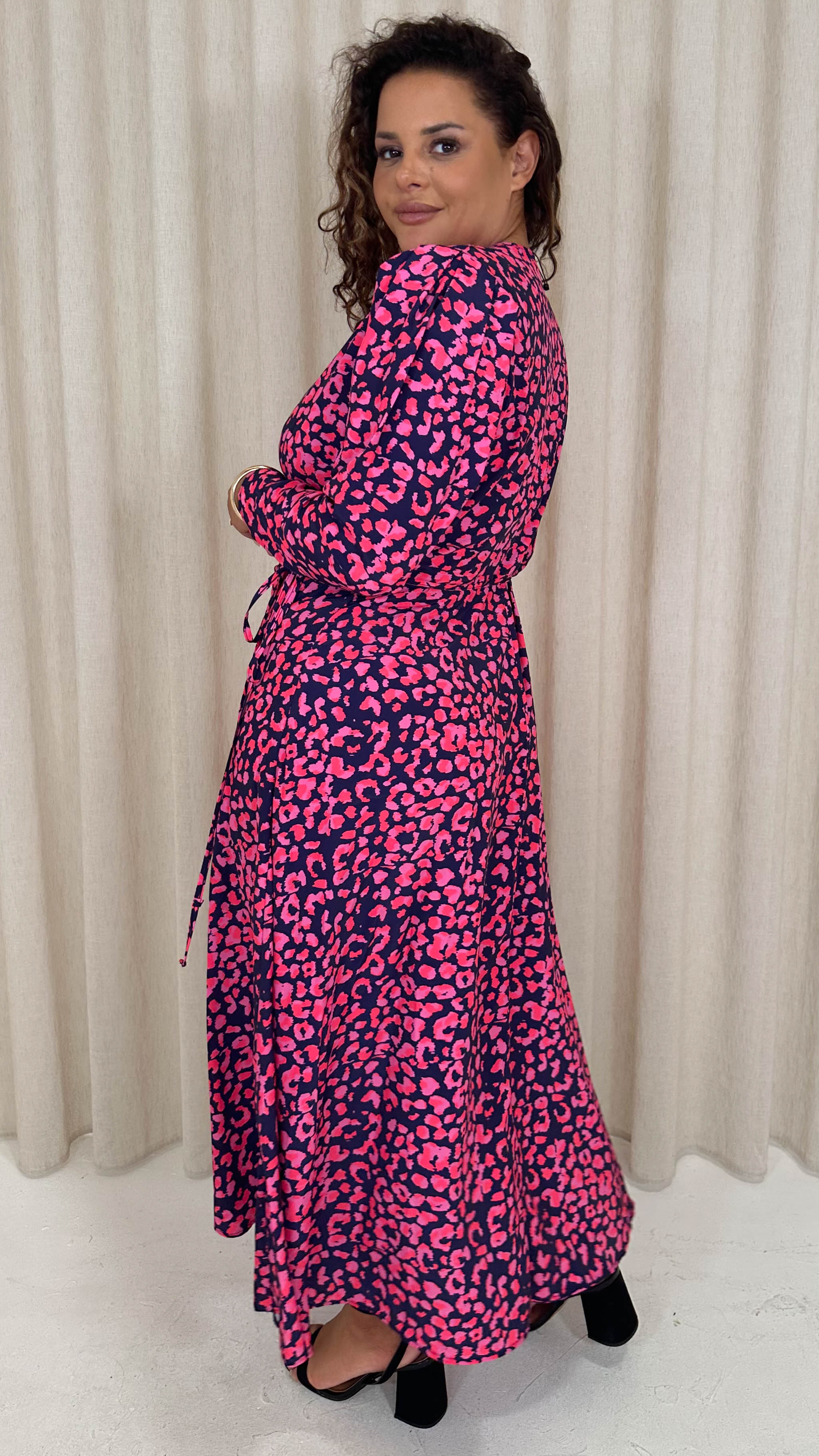 CurveWow Long Sleeve Wrap Dress Navy Animal