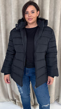 CurveWow Faux Fur Hooded Puffa Coat Black