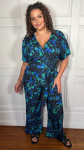 CurveWow Printed Slinky Wrap Jumpsuit Green Tropical